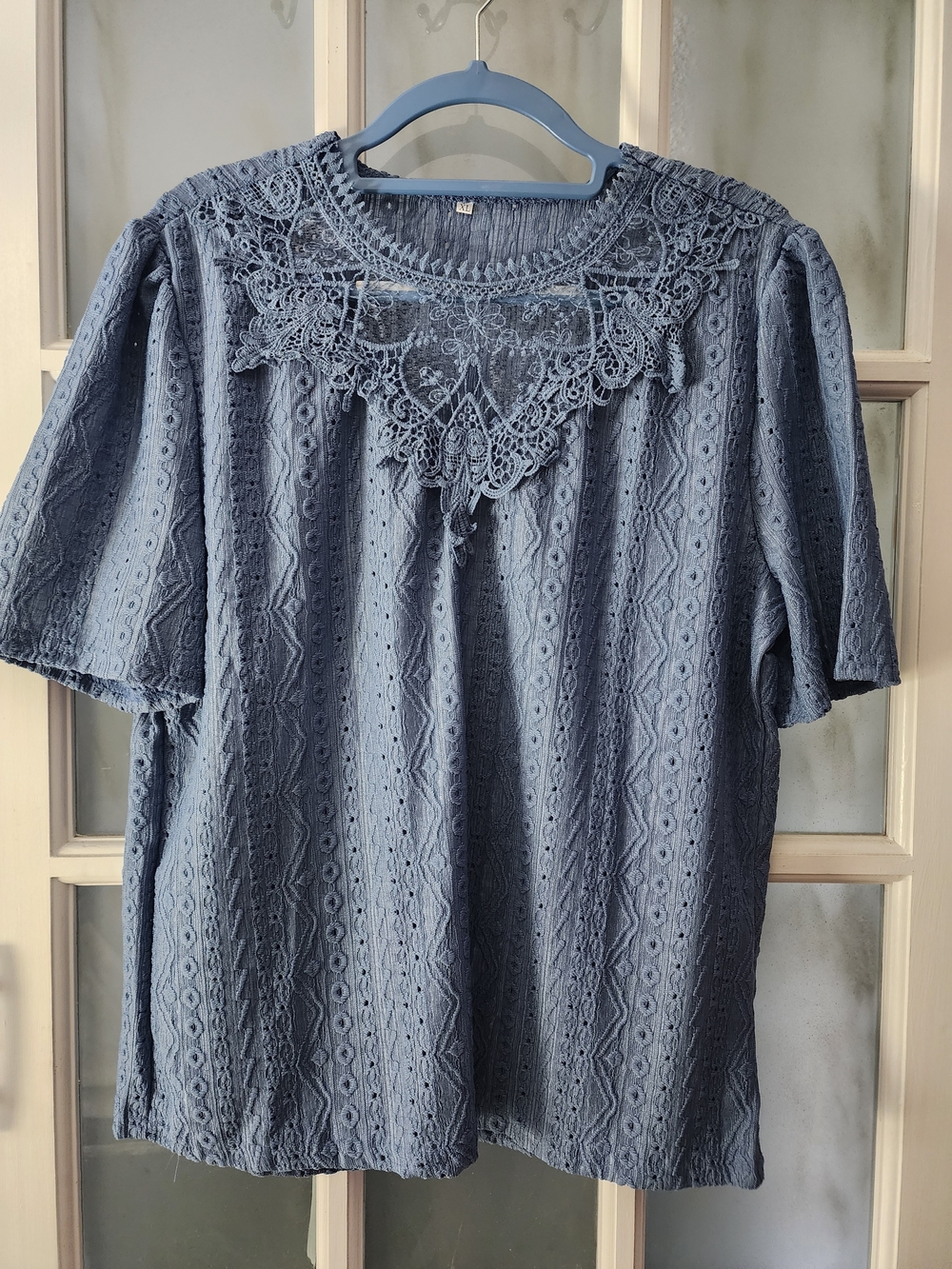 Lace Yoke Polyester Eyelet Top - Blue